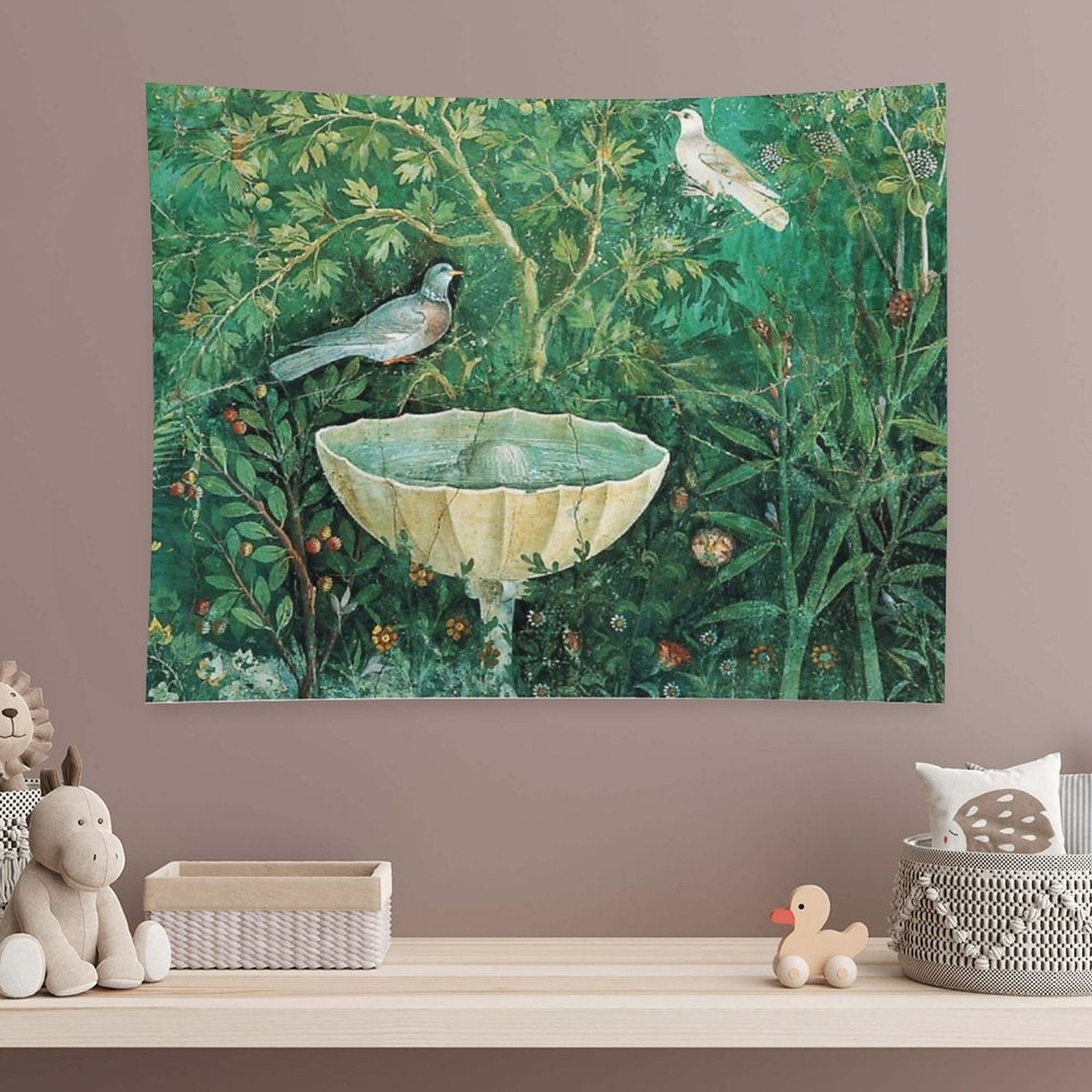 POMPEII COLLECTION,LITTLE BIRDS,DOVES AND FOUNTAIN  IN GARDEN ,GREEN FLORAL Tapestry