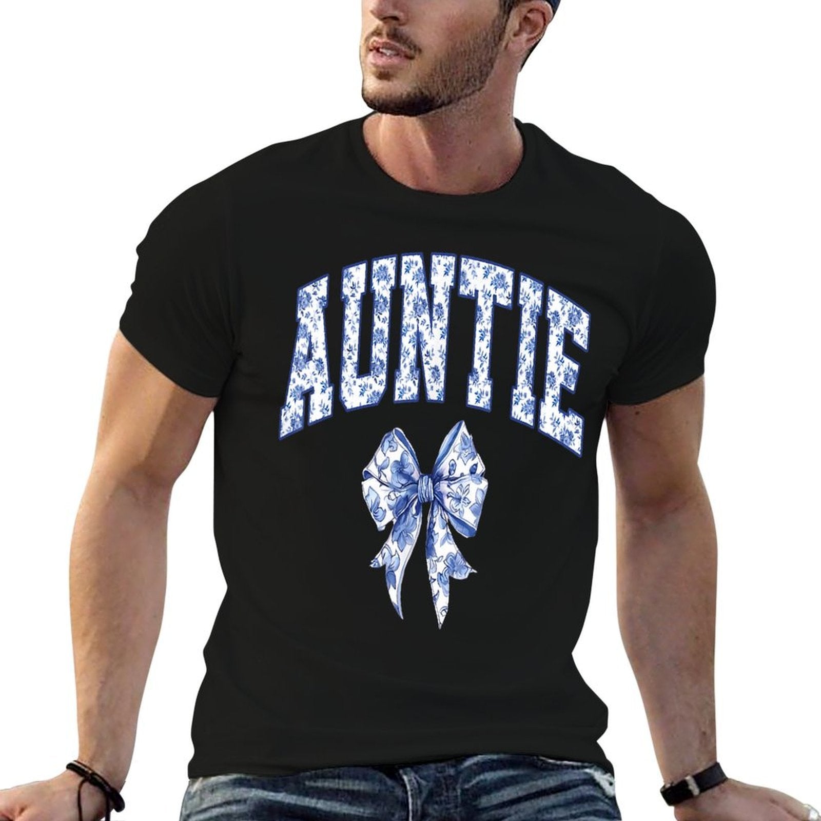 Auntie Coquette Toile Blue Bow Floral Family Matching  Trendy Pattern T-Shirt