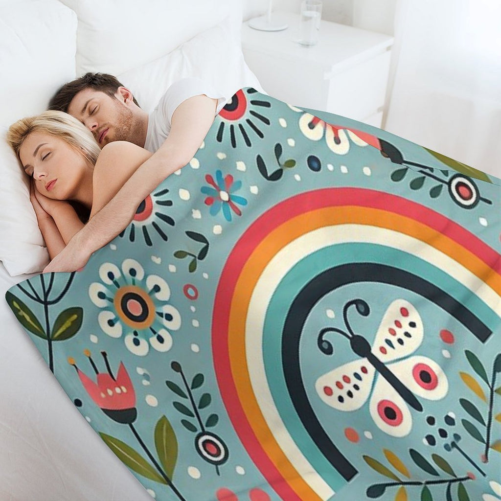 Blue Serene Folk Butterfly with Rainbow - Scandinavian Folk Art by Heidiannemorris © Durable Throw Blanket