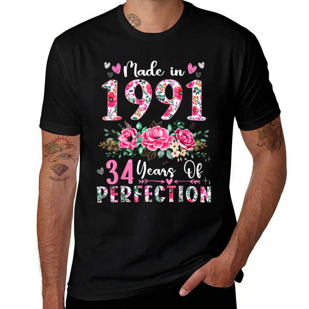 34 Year Old Made In 1991 Floral 34th Birthday Women Comfortable T-Shirt