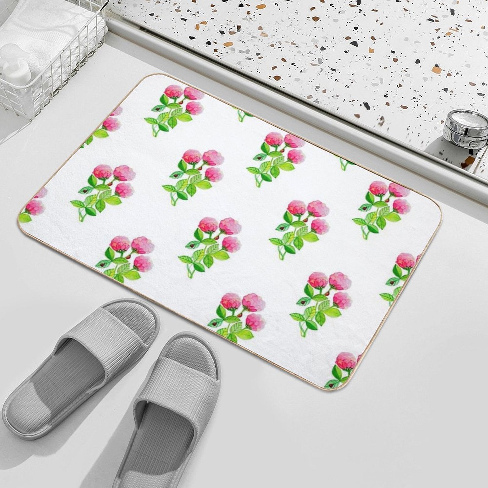 Watercolour Ladybugs in Pink Flowers Garden  Pet-Safe Bath Mat