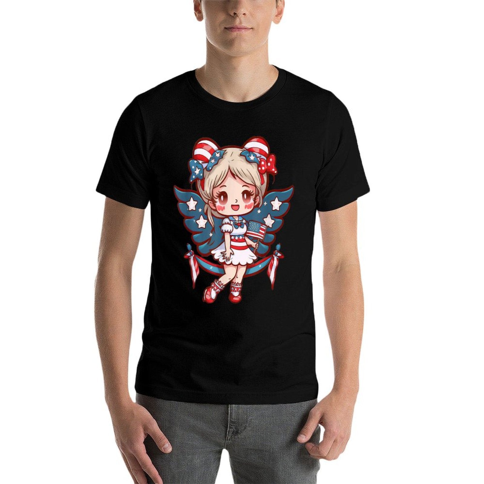 Angelcore 4th of July Cute Angel Girl Wings Patriotic  Polyester Blend T-Shirt