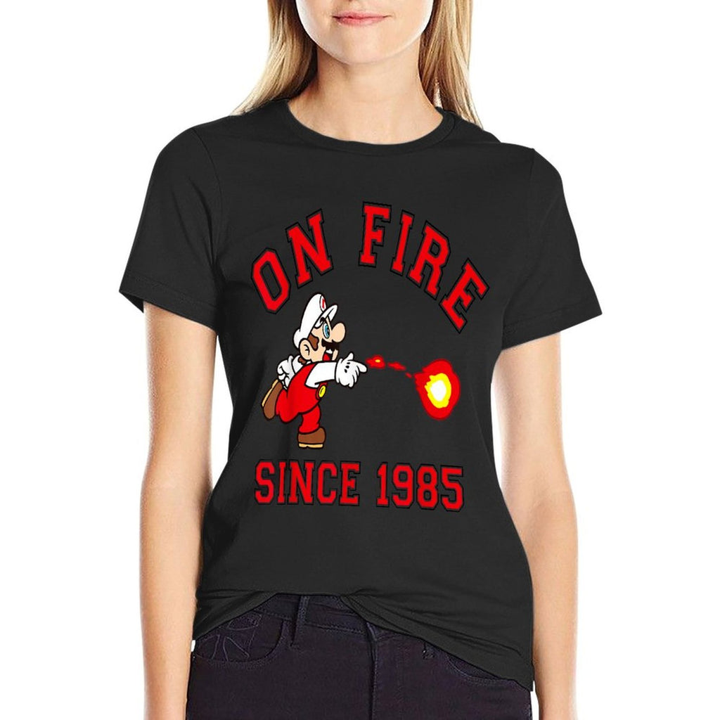 Super Mario Bros On Fire Since 1985 Red Text Collegiate  Slim-fit Cut T-Shirt