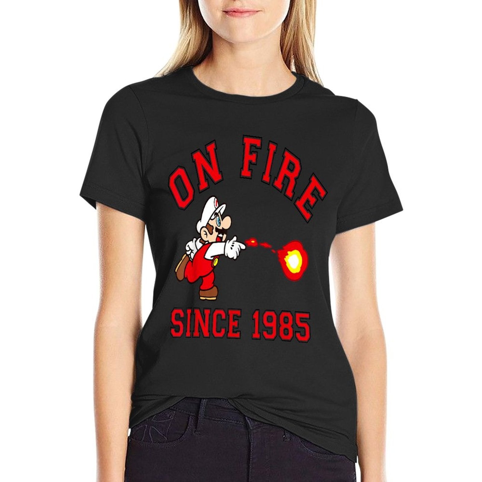 Super Mario Bros On Fire Since 1985 Red Text Collegiate  Slim-fit Cut T-Shirt