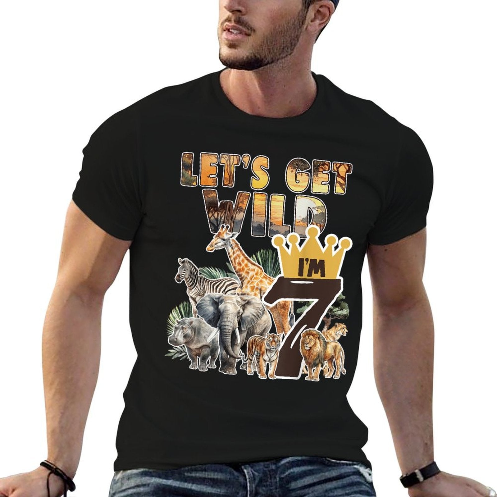 7 Years Old Safari Animals Theme 7st Birthday Jungle Animal  High-quality Stitching T-Shirt