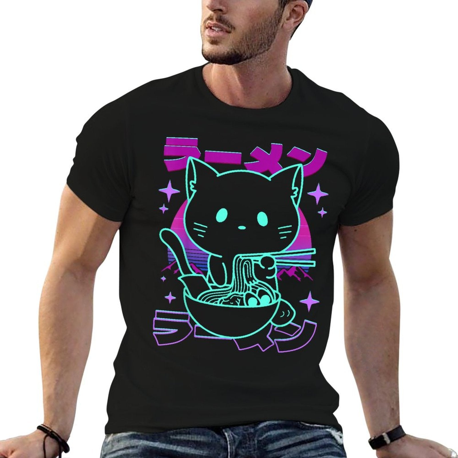 Anime Ramen Cat Retro Japanese Noodles Aesthetic Kawaii Cat  Tagless Design T-Shirt