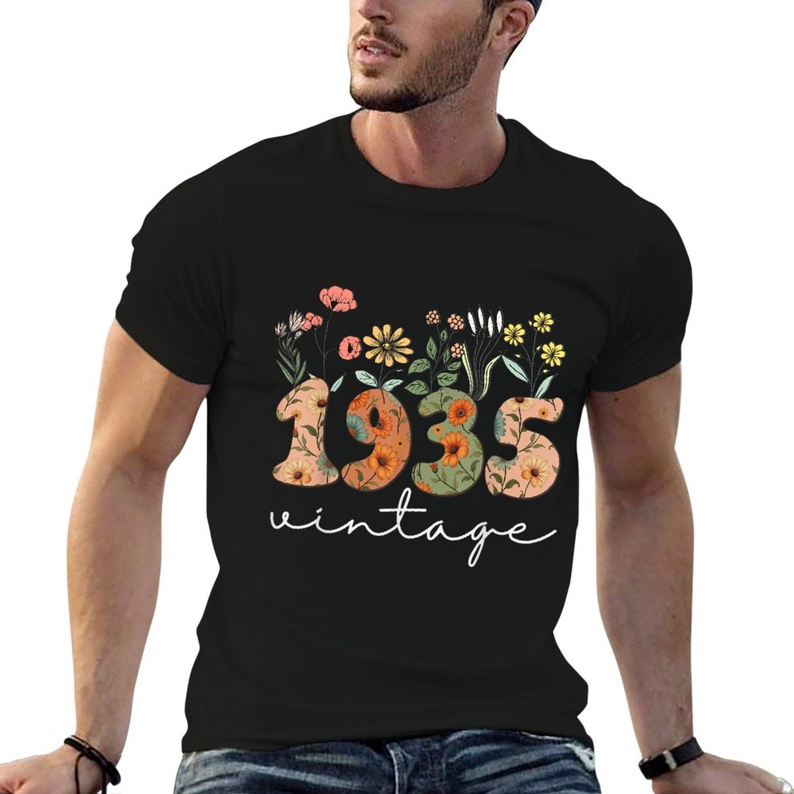 90 Years Old Vintage 1935 90th Birthday Wildflower Women  Heathered Texture T-Shirt