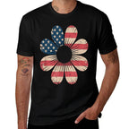 Patriotic Daisy Flower USA 4th of July Boho Retro  Rolled Sleeves T-Shirt