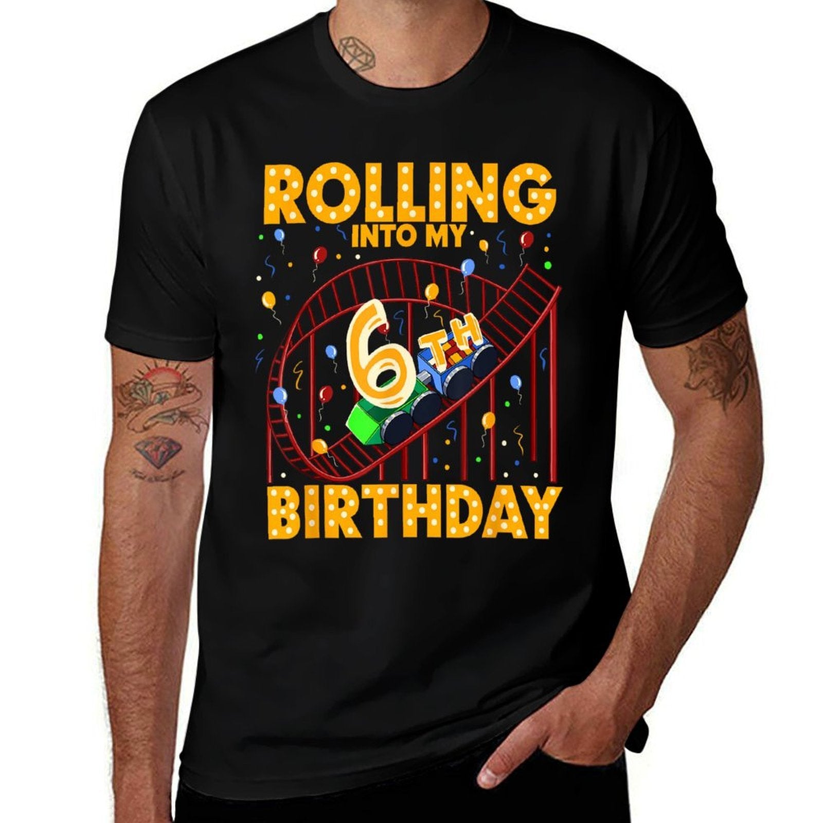 6th Birthday Rollercoaster Amusement Park Boys Kids Birthday  Ribbed Collar T-Shirt