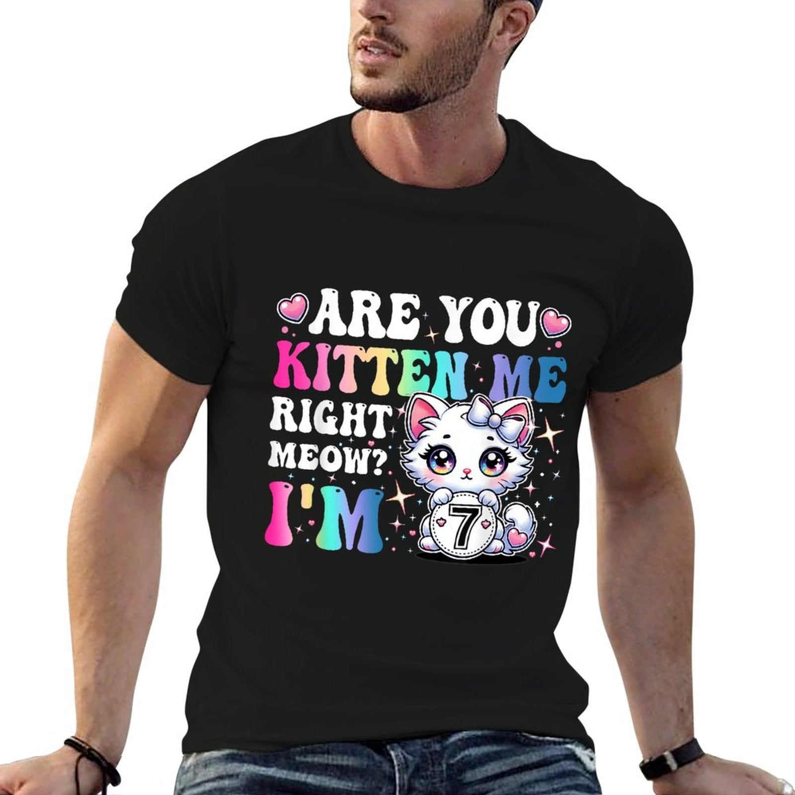 Are You Kitten Me Right Meow Anime 7th Birthday Cat Kitten  Heathered Texture T-Shirt