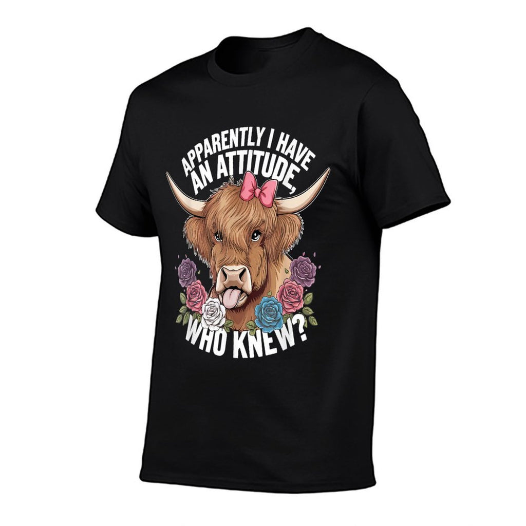 Apparently I Have An Attitude Who Knew Sarcasm Highland Cow  Ribbed Collar T-Shirt