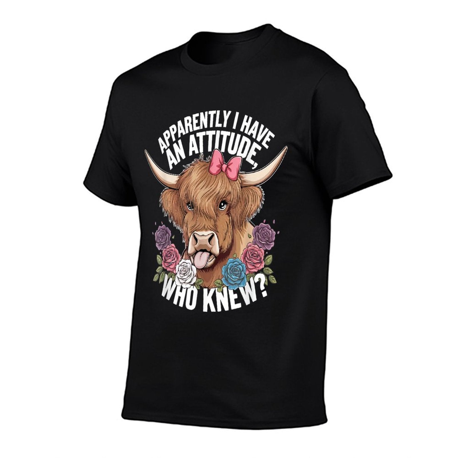 Apparently I Have An Attitude Who Knew Sarcasm Highland Cow  Ribbed Collar T-Shirt