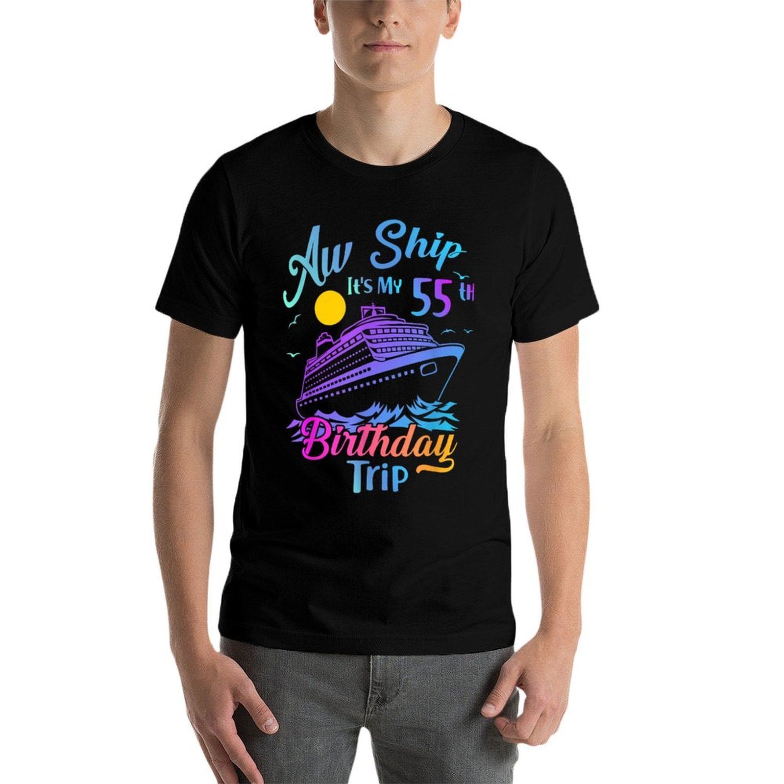 Aw Ship Its My 55th Birthday Trip Cruise Vacation Party  Ribbed Collar T-Shirt