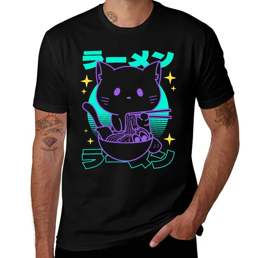 Anime Ramen Cat Japanese Retro Noodles Aesthetic Kawaii Cat  Oversized Silhouette T-Shirt