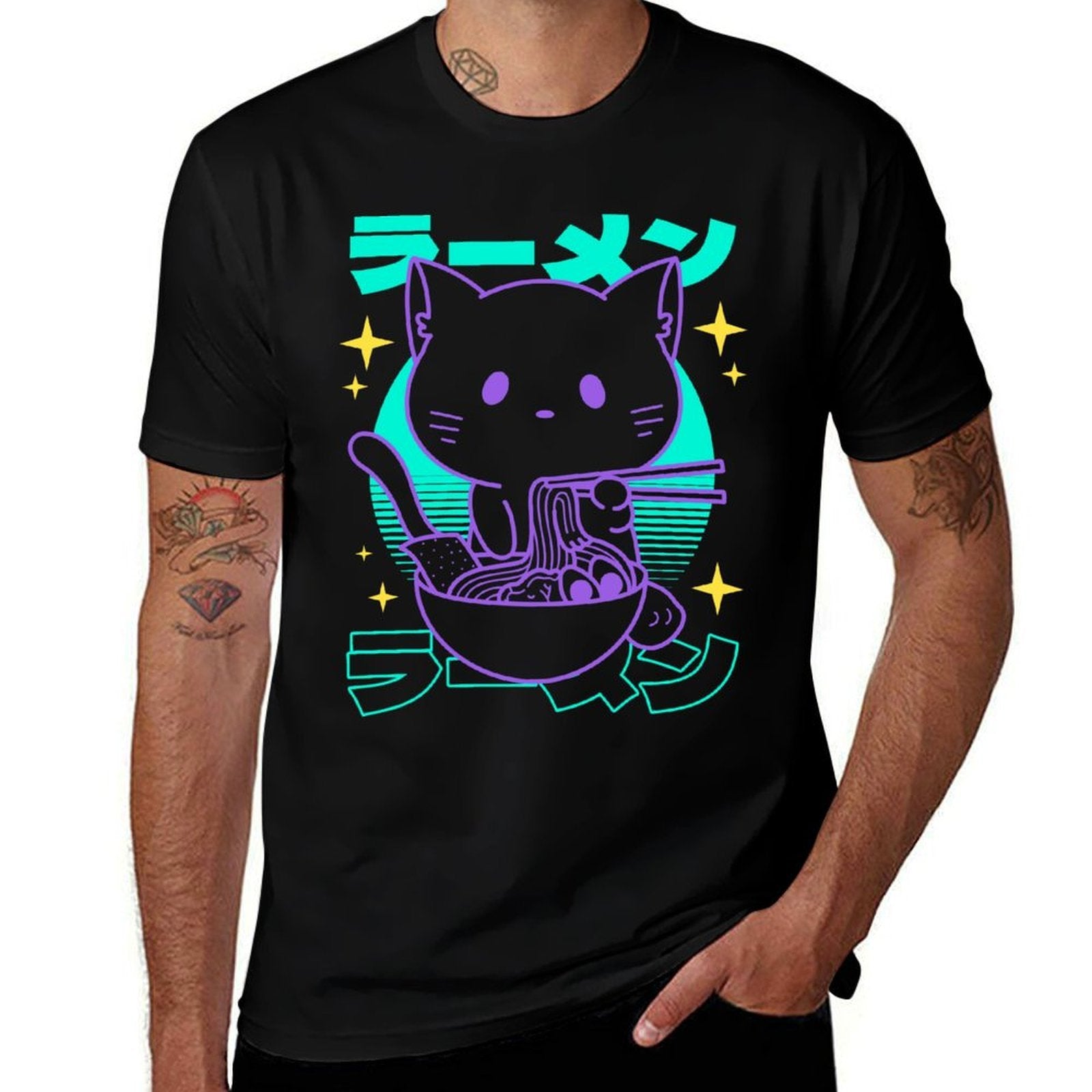 Anime Ramen Cat Japanese Retro Noodles Aesthetic Kawaii Cat  Oversized Silhouette T-Shirt