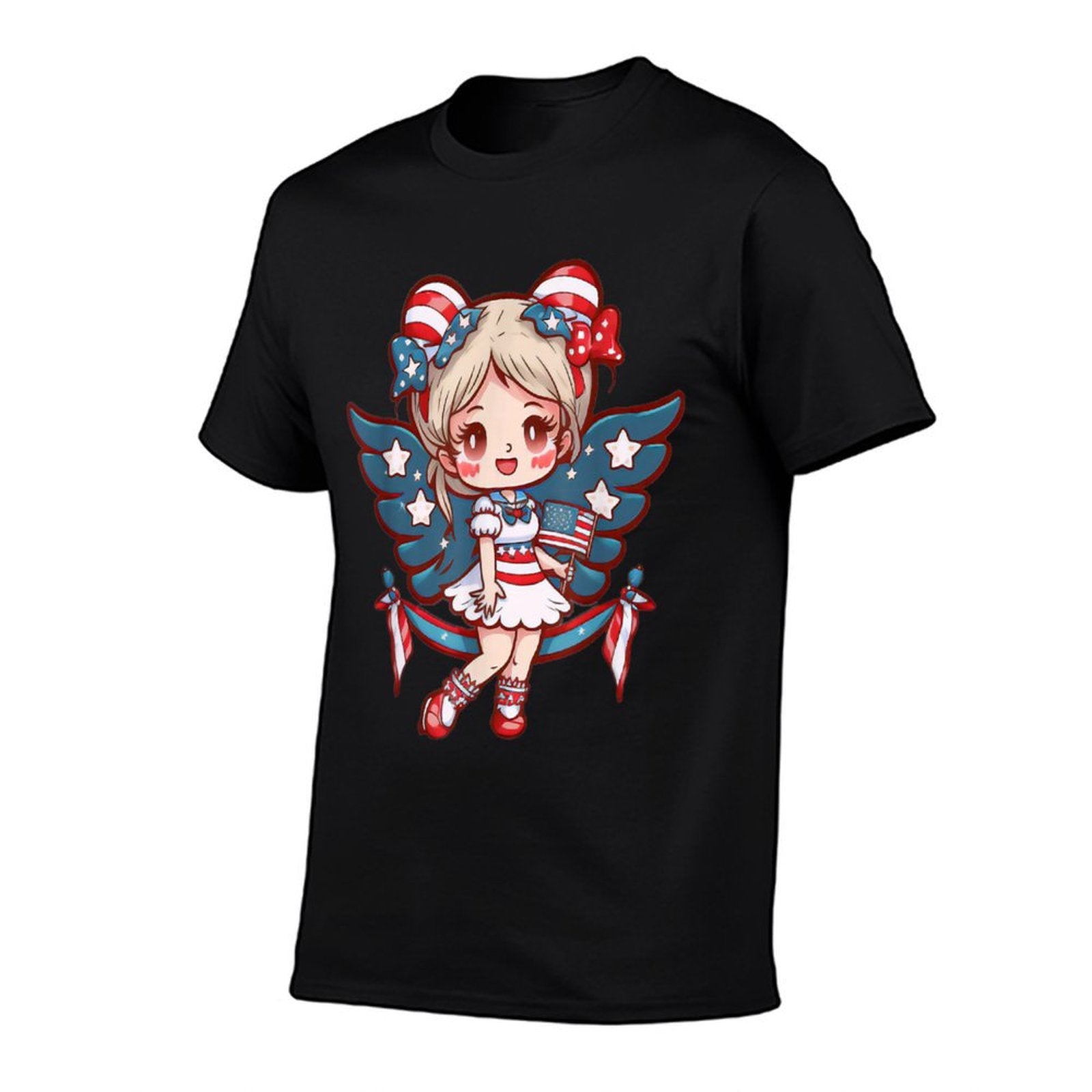 Angelcore 4th of July Cute Angel Girl Wings Patriotic  Polyester Blend T-Shirt