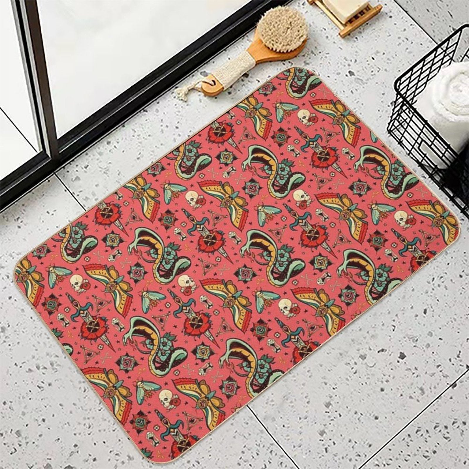 Pink Flash Tattoo Pattern  Long-Lasting Bath Mat