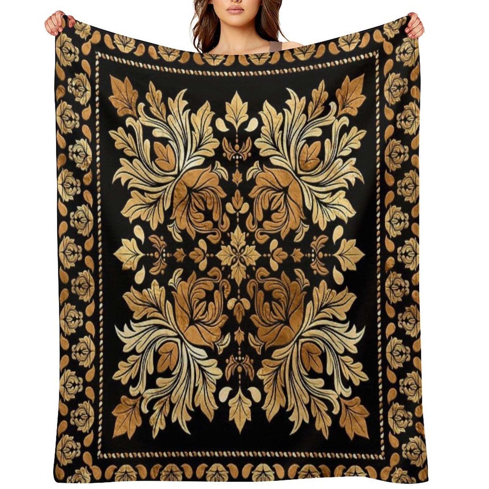 Oriental Vintage Damask Ornament - Black And Gold Comfort Throw Blanket