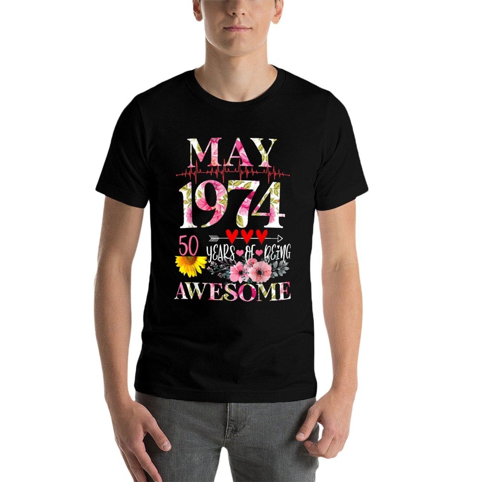 April 1974 Floral 50th Birthday 50 Years Of Being Awesome  Fade-proof Color T-Shirt