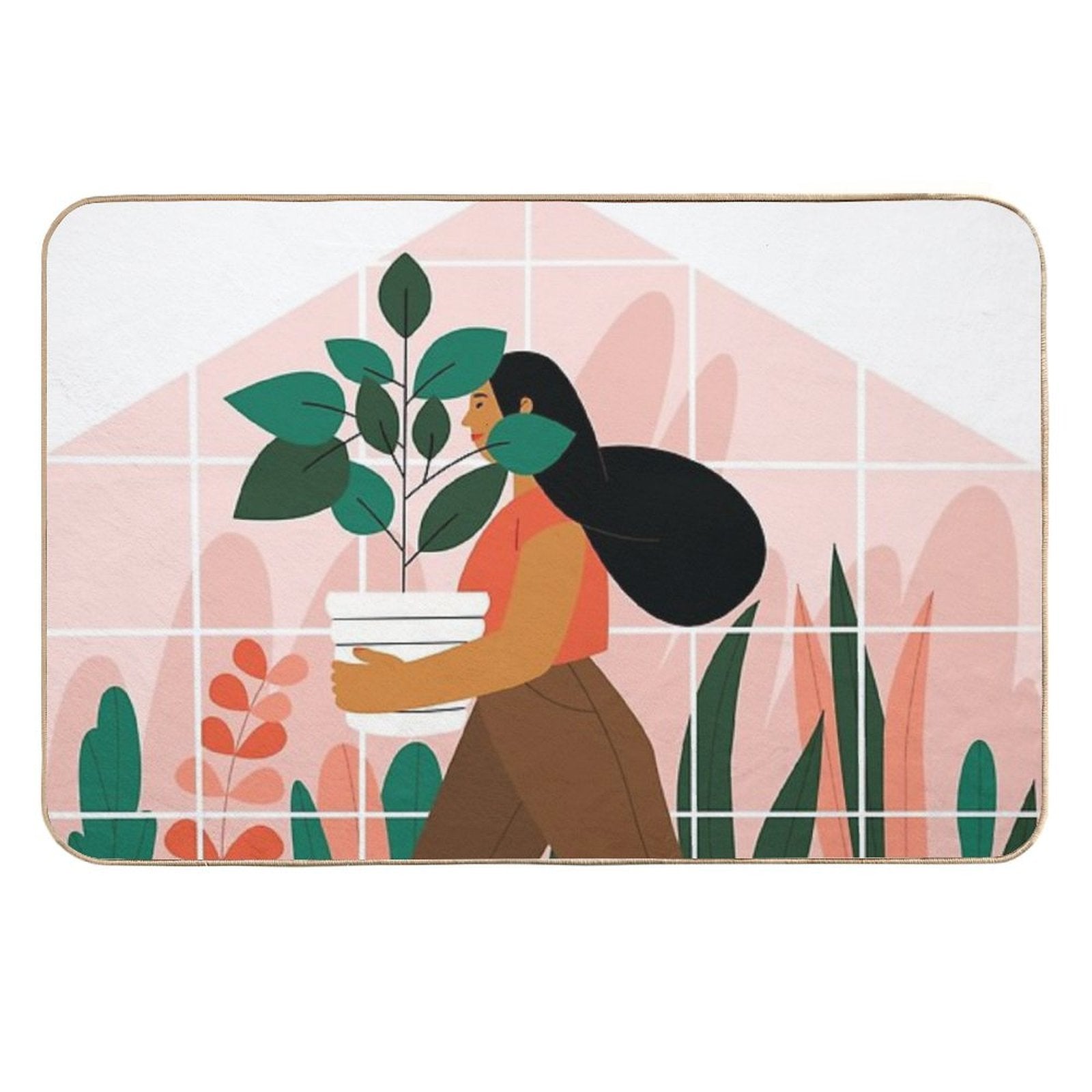 Beautiful Girl with A Plant in A Pot. Minimalistic Greenhouse  Multi-Purpose Bath Mat