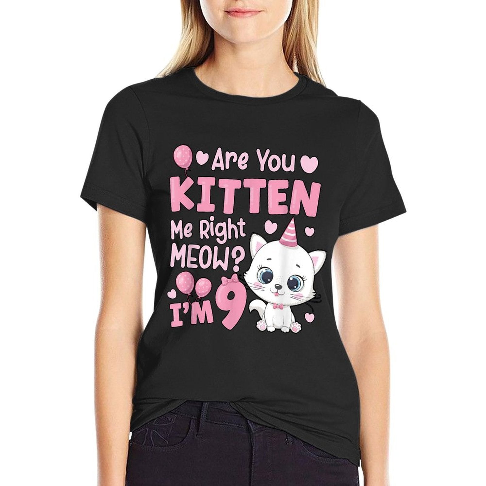 9th Cat Birthday Party Nine Year Old Girl Kitty Birthday  Oversized Silhouette T-Shirt