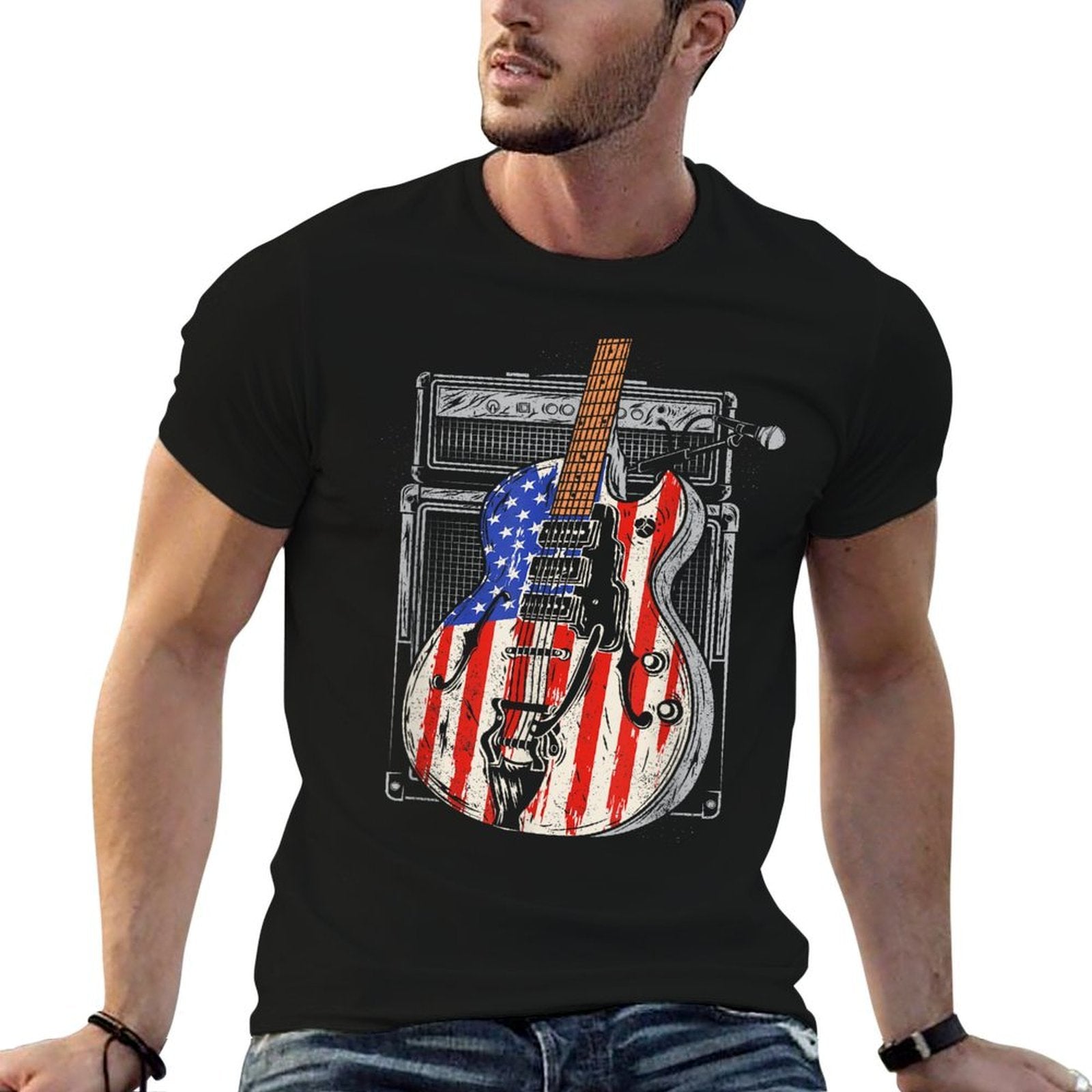 American Guitar 4th of July Guitarist USA Country Music  Moisture-wicking T-Shirt