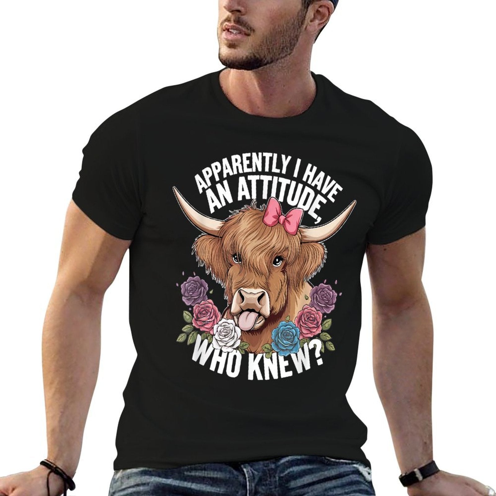 Apparently I Have An Attitude Who Knew Sarcasm Highland Cow  Ribbed Collar T-Shirt