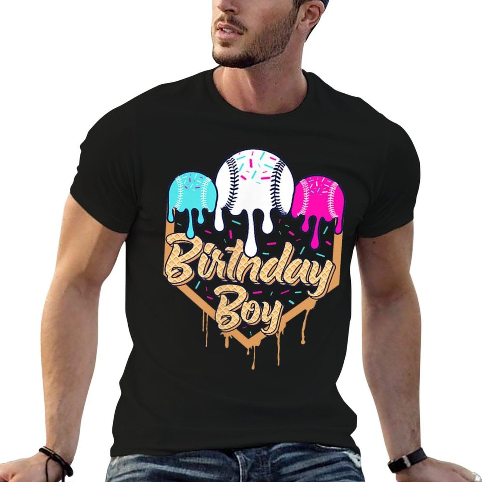 7th Birthday Baseball Ice Cream Drip Sprinkles 7 Year Old  Affordable Price T-Shirt
