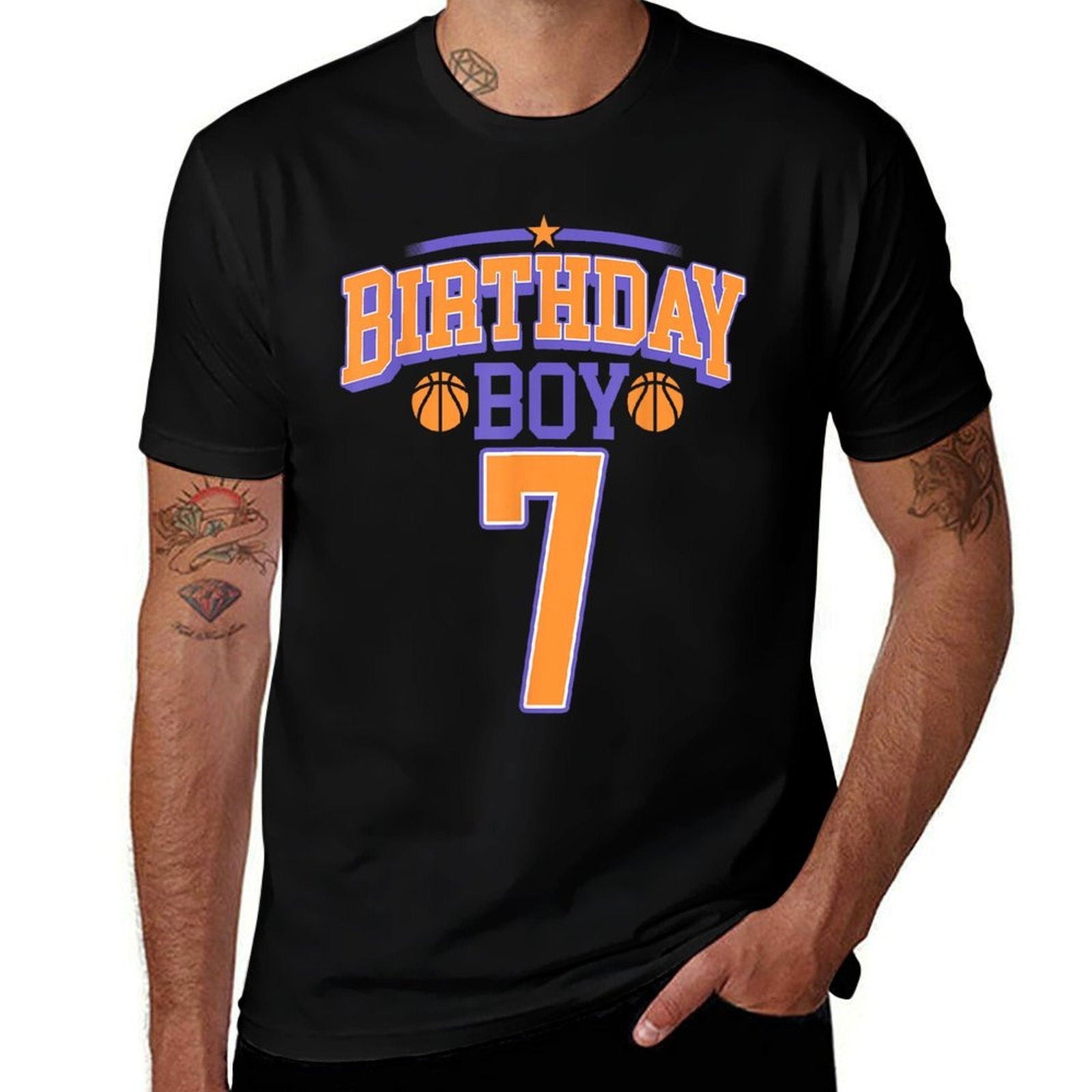 7th Birthday Boy Basketball Lover 7 Years Old Bday  Fade-proof Color T-Shirt