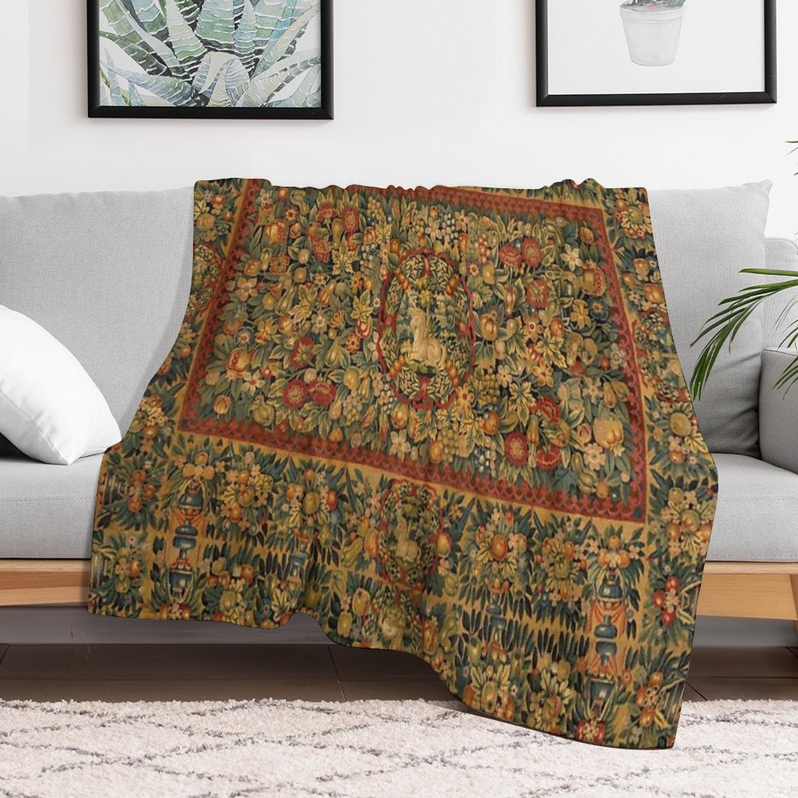 Medieval Unicorn Floral Tapestry Shrink-resistant Throw Blanket