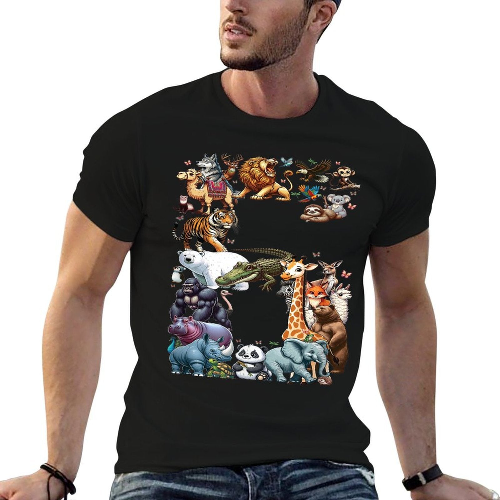 6th Birthday 6 Years Old Zoo Animals Wildlife Safari Jungle  Rolled Sleeves T-Shirt