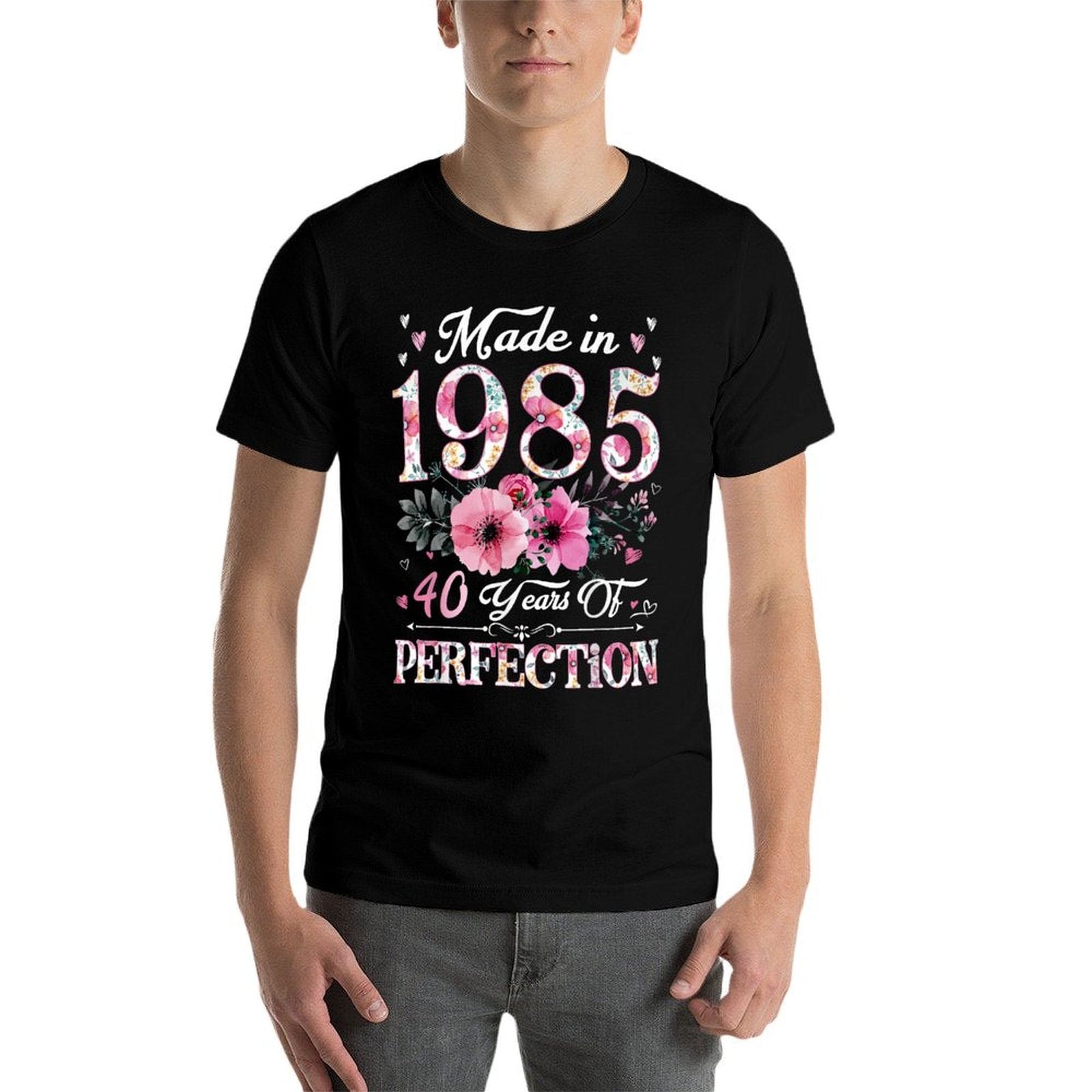 40 Year Old Made In 1985 Floral 40th Birthday Gift For Women  Ribbed Collar T-Shirt