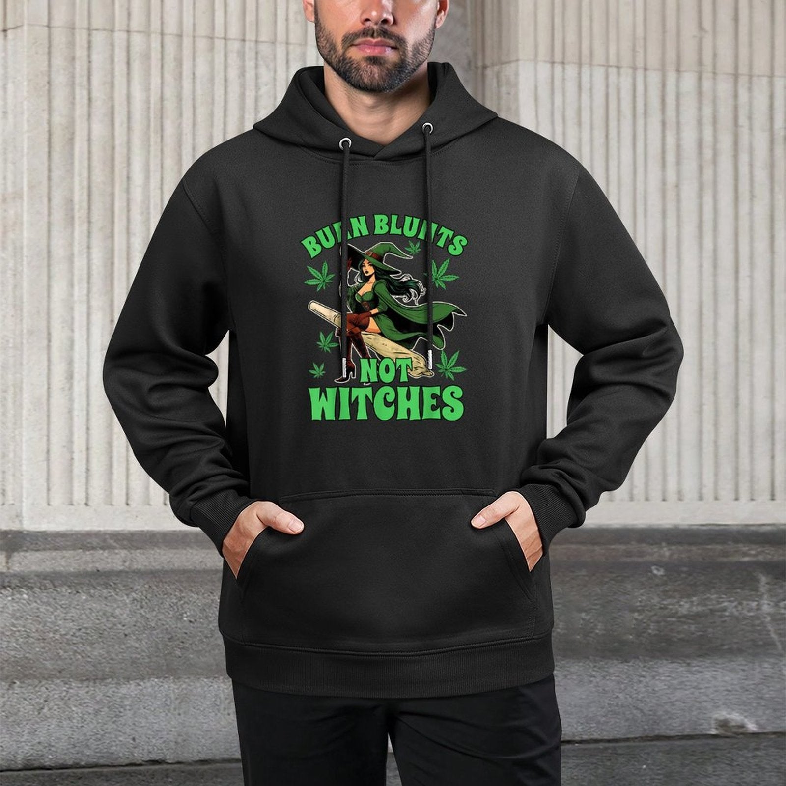 Weed Stoner Cannabis Witch Halloween Burn Blunts Not Witches Kangaroo Pocket Hoodie