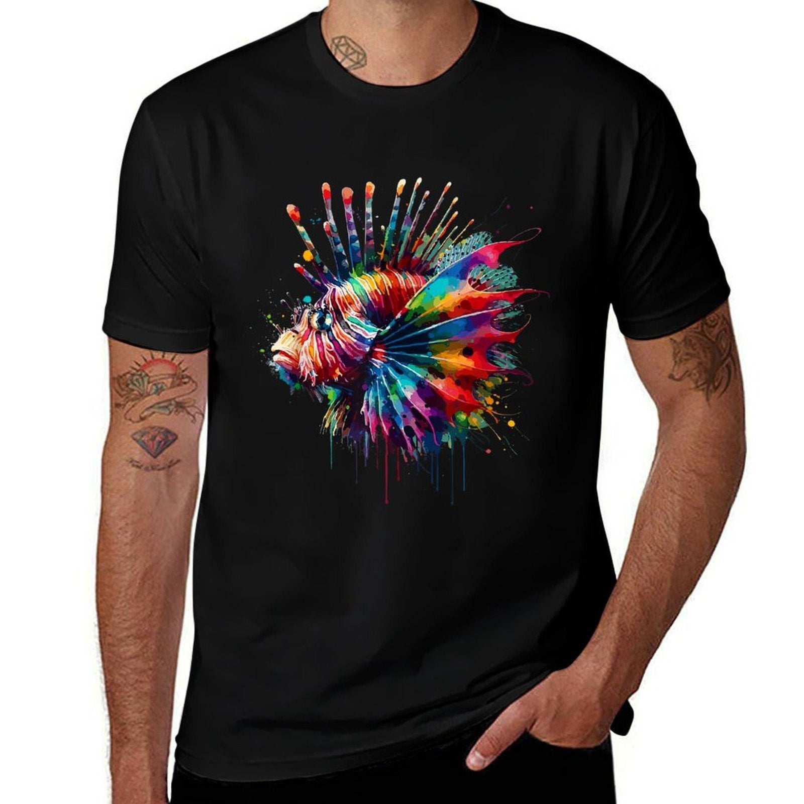 Colorful Splash Art Red Lionfish Lion Fish Butterfly Cod  High-quality Stitching T-Shirt